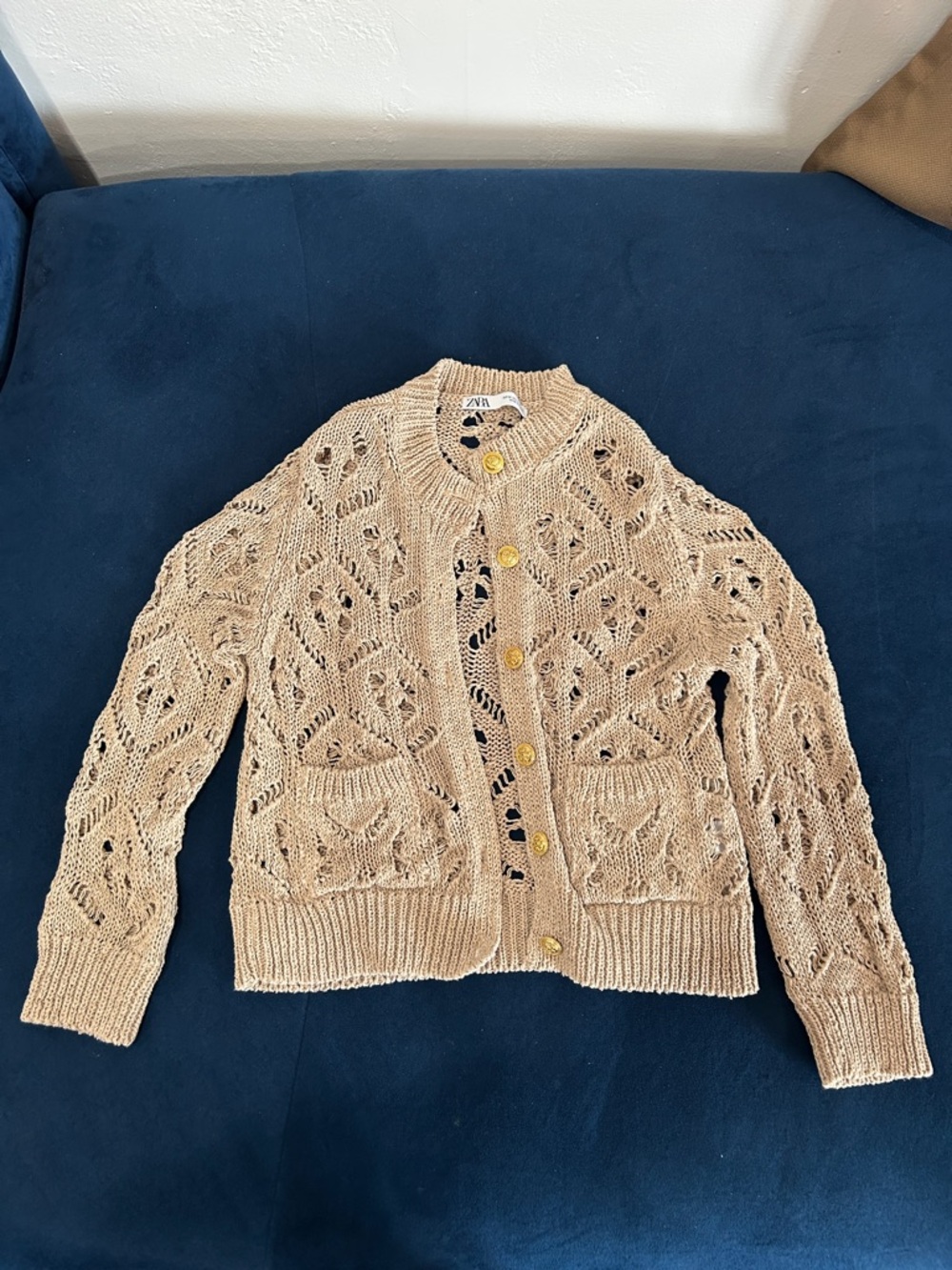 Zara Light Beige Openwork Button-Up Cardigan